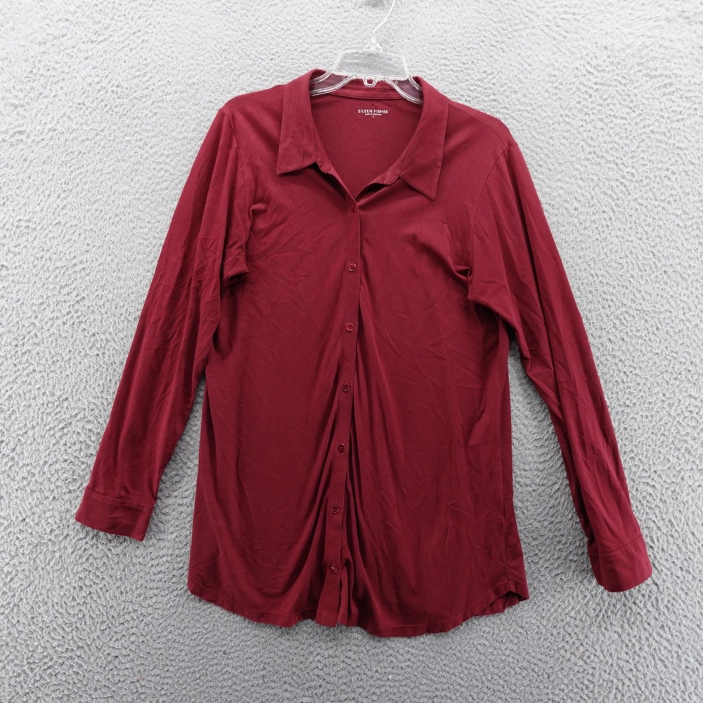 Eileen Fisher Organic Cotton Button Down Top Large Red Womens Long Sleeve *